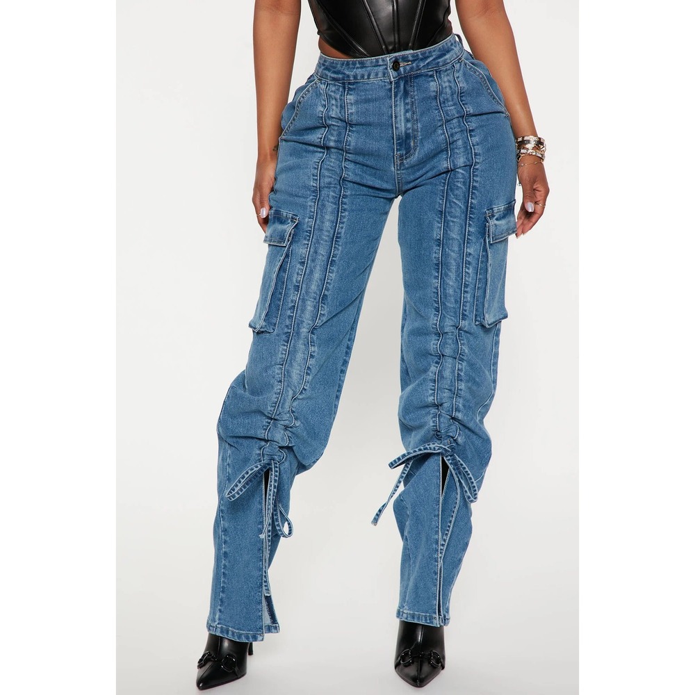 Fashion Nova In A Cinch Split Hem Cargo Jeans 7‎ Medium Wash Tall Ruched Y2K